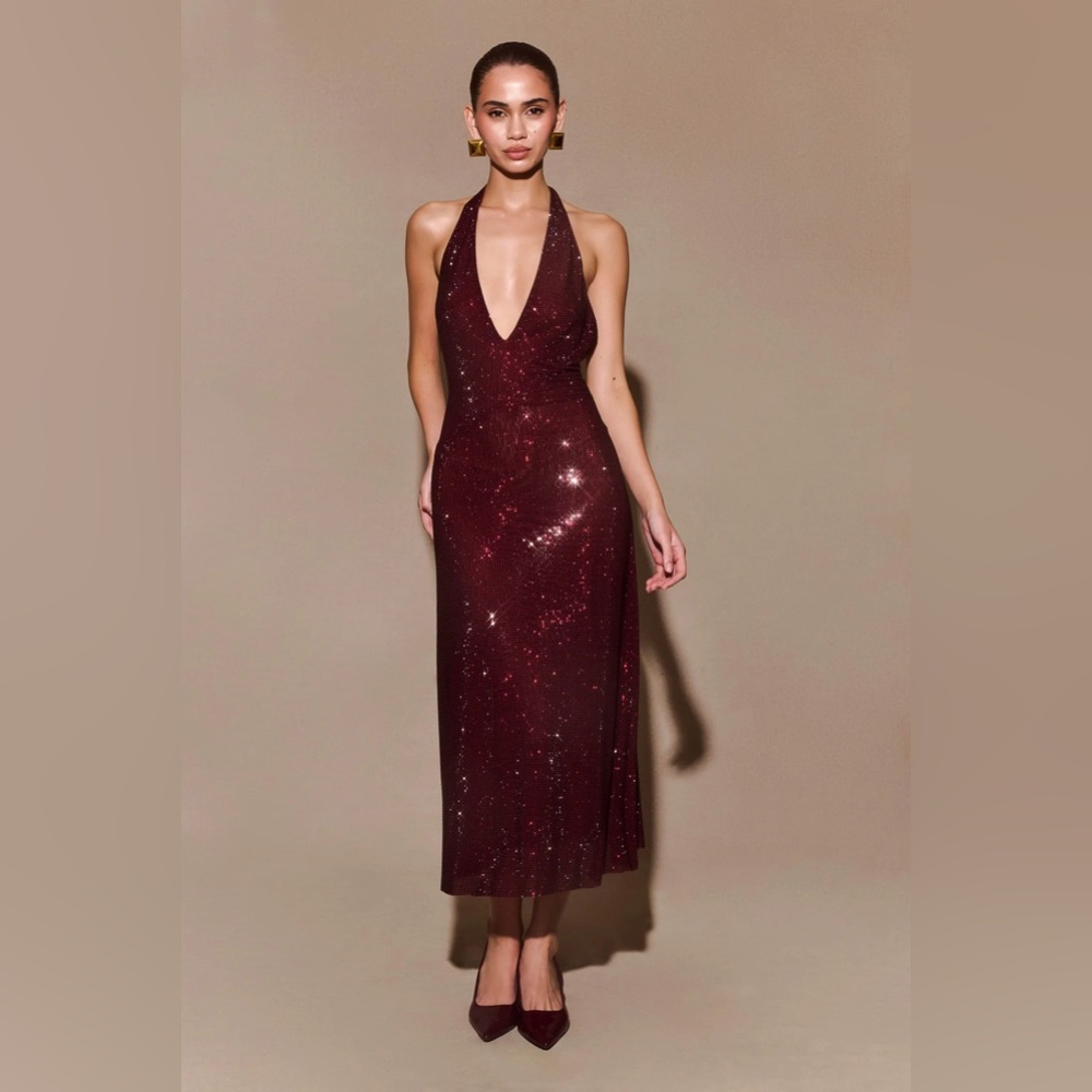 Meshkis Genie Diamante Halter Midi Dress - Mahogany